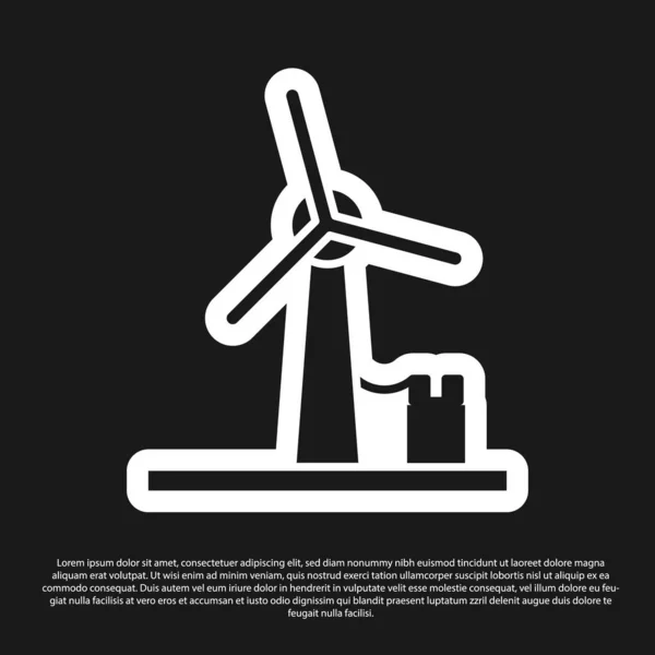 Black Wind turbine icon isolated on black background. Wind generator sign. Windmill for electric power production. Vector Illustration — ストックベクタ