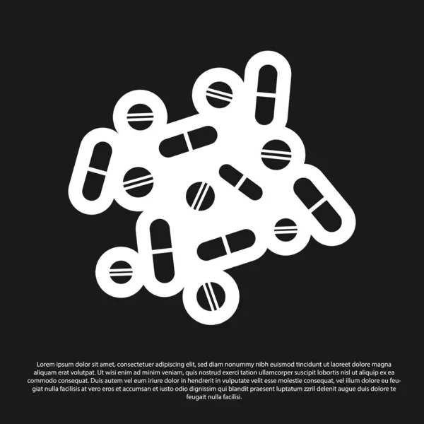 Black Medicine pigułki lub tabletka ikona izolowane na czarnym tle. Kapsułka pigułki i znak narkotyków. Projektowanie farmacji. Ilustracja wektorowa — Wektor stockowy