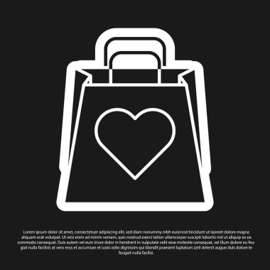 Siyah arka planda kalp ikonu olan siyah alışveriş torbası. Alışveriş torbası sevgisi kalp ikonu gibidir. Sevgililer Günü sembolü. Vektör İllüstrasyonu