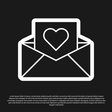 Siyah arka planda Sevgililer Günü kalp ikonu olan siyah zarf. Mesaj aşkım. Aşk ve romantizm mektubu. Vektör İllüstrasyonu