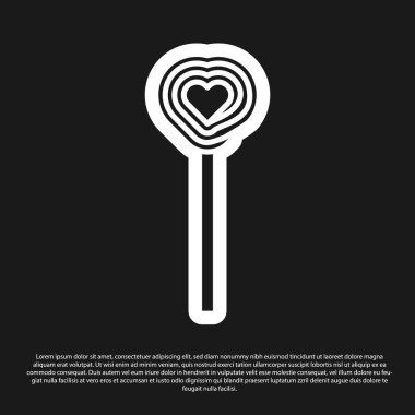 Siyah arkaplanda siyah lolipop simgesi var. Şeker işareti. Yemek, lezzetli bir sembol. Sevgililer Günü. Aşk sembolü. Vektör İllüstrasyonu