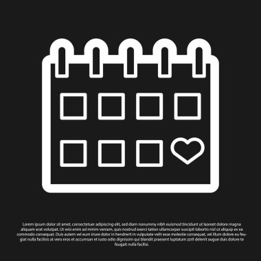 Siyah arkaplanda kalp ikonu olan siyah takvim. Sevgililer Günü. Aşk sembolü. 14 Şubat. Vektör İllüstrasyonu