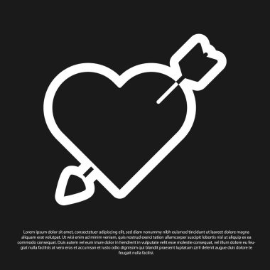 Kara Amour sembolü, siyah arka planda izole edilmiş kalp ve ok simgesi. Aşk işareti. Sevgililer Günü sembolü. Vektör İllüstrasyonu