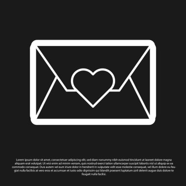 Siyah arka planda Sevgililer Günü kalp ikonu olan siyah zarf. Mesaj aşkım. Aşk ve romantizm mektubu. Vektör İllüstrasyonu