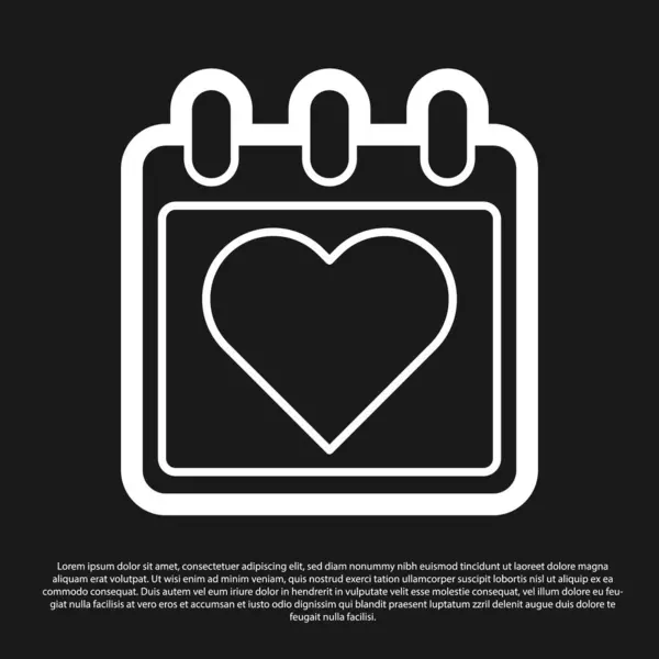Calendário preto com ícone de coração isolado no fundo preto. Dia dos Namorados. Símbolo de amor. 14 de Fevereiro. Ilustração vetorial — Vetor de Stock