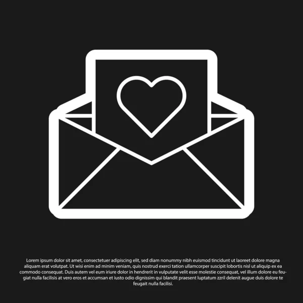 Fekete boríték Valentin szív ikon elszigetelt fekete háttérrel. Üzenetszeretet. Levél szerelem és romantika. Vektorillusztráció — Stock Vector