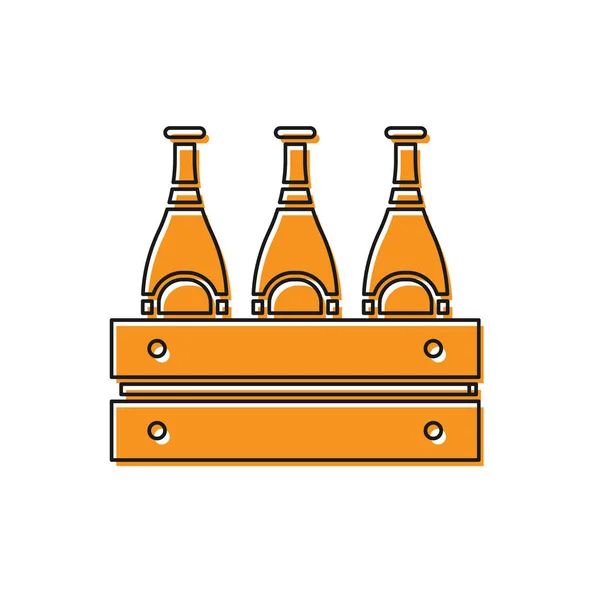 Orange Förpackning öl flaskor ikon isolerad på vit bakgrund. Trälåda och ölflaskor. Lådans öllådeskylt. Vektor Illustration — Stock vektor