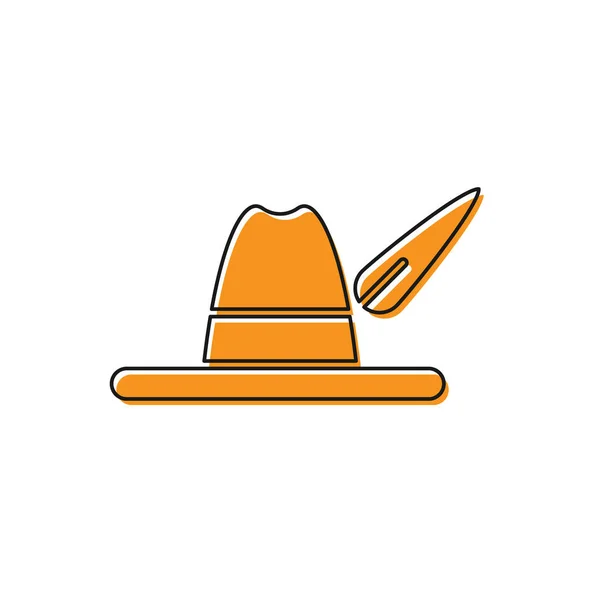 Icono del sombrero Oktoberfest naranja aislado sobre fondo blanco. Sombrero de cazador con pluma. Sombrero alemán. Ilustración vectorial — Vector de stock