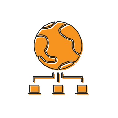 Turuncu Bilgisayar ağı simgesi beyaz arkaplanda izole edildi. Çevrimiçi oyun. Laptop ağı. İnternet bağlantısı. Vektör İllüstrasyonu