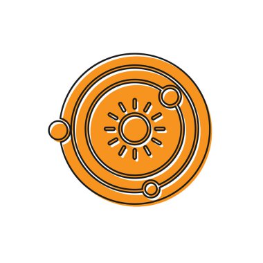 Turuncu Güneş Sistemi simgesi beyaz arkaplanda izole edildi. Gezegenler yıldızın etrafında dönerler. Vektör İllüstrasyonu