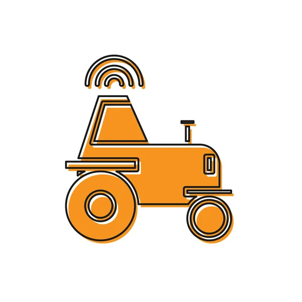 Orangefarbener selbstfahrender drahtloser Traktor auf einem Smart-Farm-Symbol auf weißem Hintergrund. intelligente Landwirtschaft implementieren Element. Vektorillustration — Stockvektor