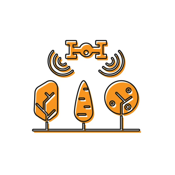 Ferme intelligente orange avec contrôle des drones et icône de l'arbre isolé sur fond blanc. Technologie d'innovation pour l'entreprise agricole. Illustration vectorielle — Image vectorielle