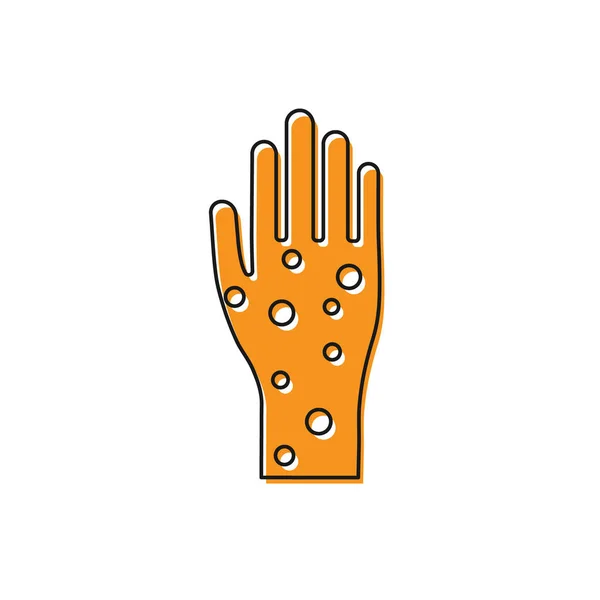 Orange Hand with psoriasis or eczema icon isolated on white background. Concept of human skin response to allergen or chronic body problem. Vector Illustration — 스톡 벡터