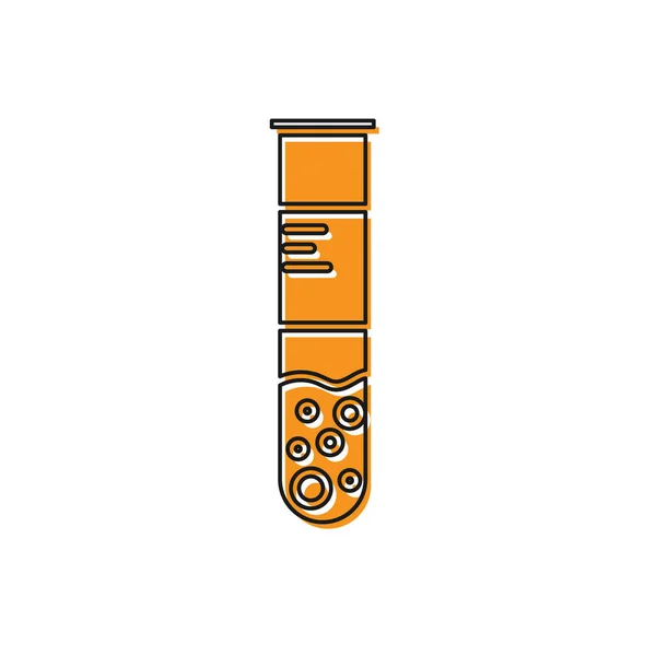 Naranja Tubo de ensayo y frasco icono de prueba de laboratorio químico aislado sobre fondo blanco. Signo de cristalería del laboratorio. Ilustración vectorial — Vector de stock