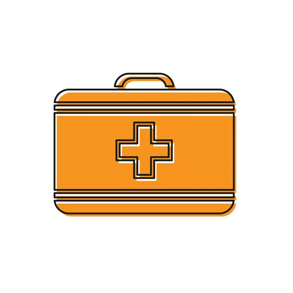 Ícone de kit de primeiros socorros laranja isolado no fundo branco. Caixa médica com cruz. Equipamento médico de emergência. Conceito de saúde. Ilustração vetorial — Vetor de Stock