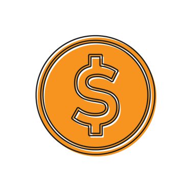 Beyaz zemin üzerinde dolar sembolü olan turuncu madeni para. Bankacılık işareti. Para sembolü. Vektör İllüstrasyonu