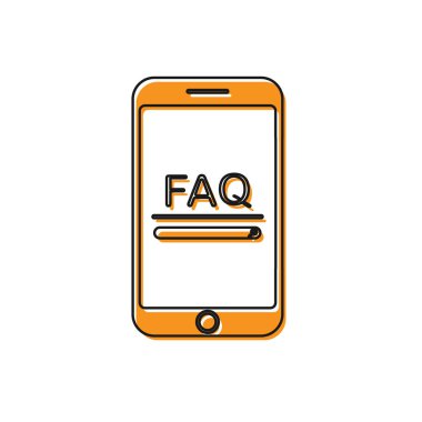 Beyaz arkaplanda mesaj Faq bilgi simgesine sahip turuncu cep telefonu. Sık sık sorulan sorular. Vektör İllüstrasyonu