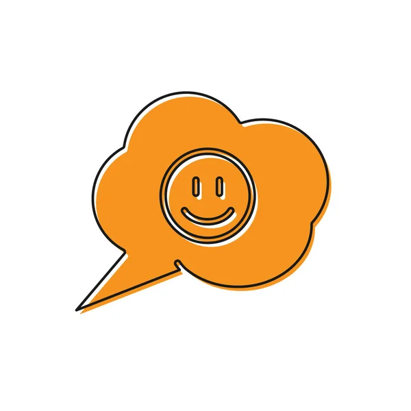 Bolha de fala laranja com ícone de rosto de sorriso isolado no fundo branco. Emoticon sorridente. Feliz símbolo de chat sorridente. Ilustração vetorial — Vetor de Stock