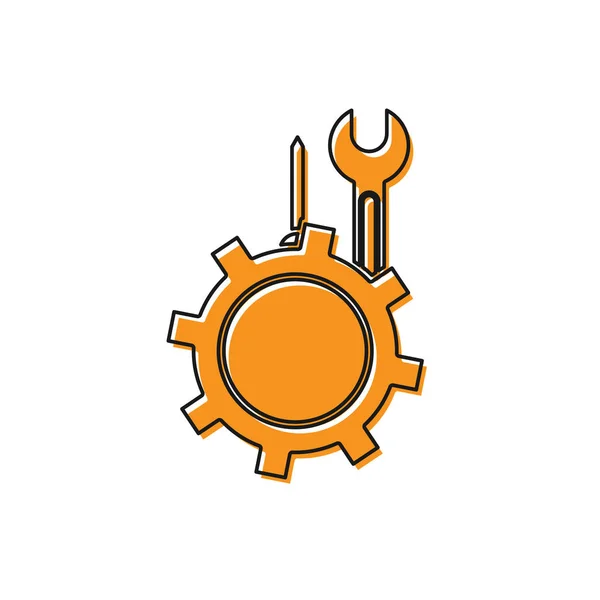 Chave de fenda laranja e chave de fenda no ícone de engrenagem isolado no fundo branco. Ajuste, serviço, configuração, manutenção, reparação, fixação. Ilustração vetorial — Vetor de Stock