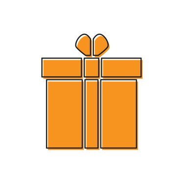 Turuncu hediye kutusu ve kalp ikonu beyaz arka planda izole edilmiş. Sevgililer Günü. Vektör İllüstrasyonu