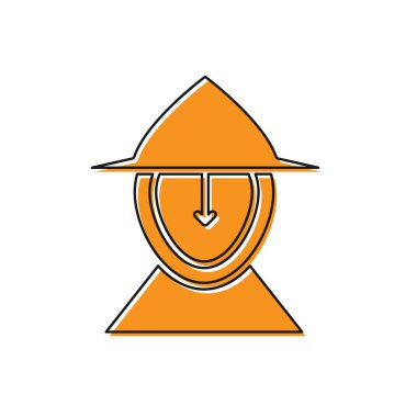 Beyaz arka planda izole edilmiş baş koruma ikonu için turuncu ortaçağ demir miğferi. Vektör İllüstrasyonu