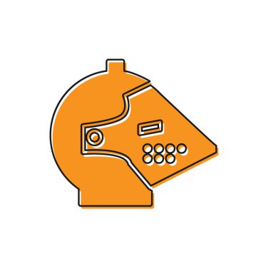 Beyaz arka planda izole edilmiş baş koruma ikonu için turuncu ortaçağ demir miğferi. Vektör İllüstrasyonu