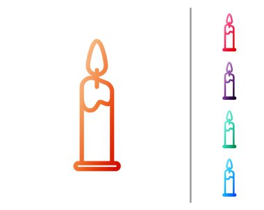 Kırmızı çizgi, mum yakma simgesi beyaz arkaplanda izole edilmiş. Silindirik mum çubuğu ve yanan ateş. Renk simgelerini ayarla. Vektör İllüstrasyonu