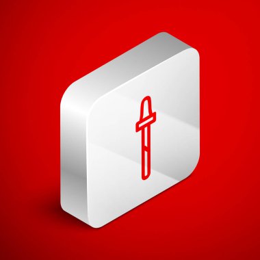 Pipette simgesi kırmızı arkaplanda izole edilmiş. Tıbbi, kozmetik, kimya laboratuvarı ekipmanları. Gümüş kare düğme. Vektör İllüstrasyonu