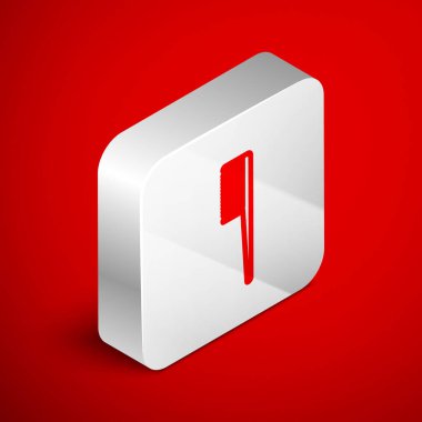 Kırmızı arkaplanda Isometric çizgi saç fırçası simgesi izole. Taraklı saç işareti. Berber sembolü. Gümüş kare düğme. Vektör İllüstrasyonu