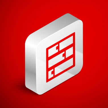 Isometric satır Shelf simgesi kırmızı arkaplanda izole edildi. Raflar işaretli. Gümüş kare düğme. Vektör İllüstrasyonu