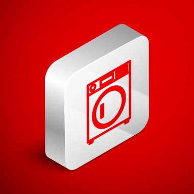 İzometrik çizgi yıkama simgesi kırmızı arkaplanda izole edildi. Çamaşır makinesi simgesi. Çamaşır makinesi, çamaşır makinesi. Ev aletleri sembolü. Gümüş kare düğme. Vektör İllüstrasyonu