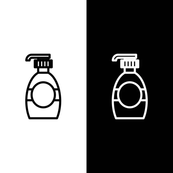 Set line Botella de jabón líquido antibacteriano con icono dispensador aislado sobre fondo blanco y negro. Desinfección, higiene, concepto de cuidado de la piel. Ilustración vectorial — Archivo Imágenes Vectoriales