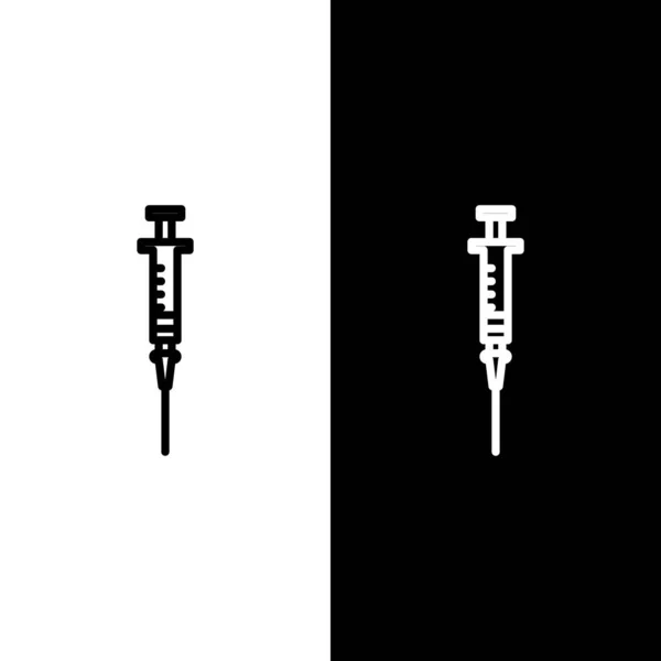 Ustaw ikonę strzykawki na czarno-białym tle. Strzykawka do szczepionki, szczepienia, wstrzyknięcia, szczepionka przeciw grypie. Sprzęt medyczny. Ilustracja wektora — Wektor stockowy