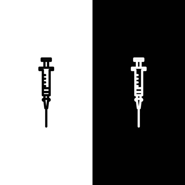 设置线注射器图标隔离在黑白背景.疫苗注射器，疫苗，注射器，流感疫苗。医疗设备。病媒图解 — 图库矢量图片