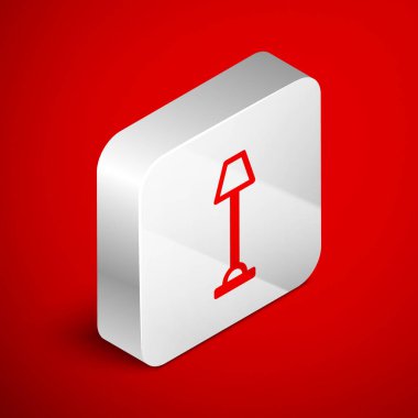 Kırmızı arkaplanda Isometric çizgi yer lambası simgesi izole edildi. Gümüş kare düğme. Vektör İllüstrasyonu