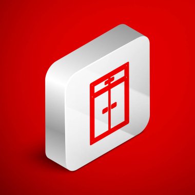 Isometric Line Gardırop simgesi kırmızı arkaplanda izole edildi. Gümüş kare düğme. Vektör İllüstrasyonu