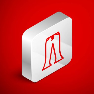 Isometric line Pants simgesi kırmızı arkaplanda izole edildi. Gümüş kare düğme. Vektör İllüstrasyonu