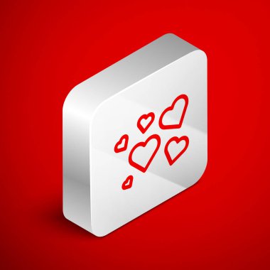 Isometric line Heart simgesi kırmızı arkaplanda izole edildi. Romantik sembol, bağlanma, tutku ve düğün. Sevgililer Günü sembolü. Gümüş kare düğme. Vektör İllüstrasyonu