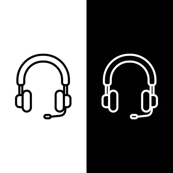 Définir l'icône casque ligne isolé sur fond noir et blanc. Ecouteurs. Concept d'écoute de musique, de service, de communication et d'opérateur. Illustration vectorielle — Image vectorielle