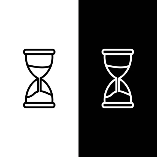 Définir la ligne Vieux sablier avec icône de sable coulant isolé sur fond noir et blanc. Sable horloge signe. Concept de gestion des affaires et du temps. Illustration vectorielle — Image vectorielle