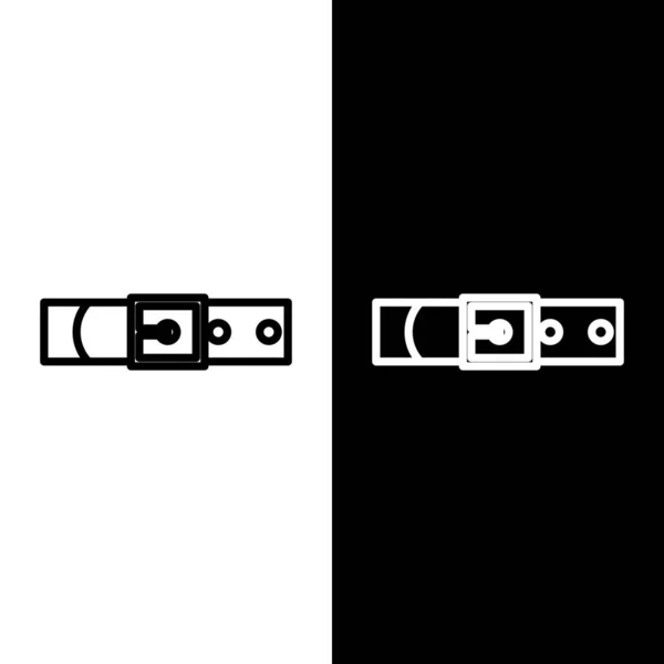 Set line Cinturón de cuero con hebilla de acero abotonado icono aislado sobre fondo blanco y negro. Ilustración vectorial — Vector de stock