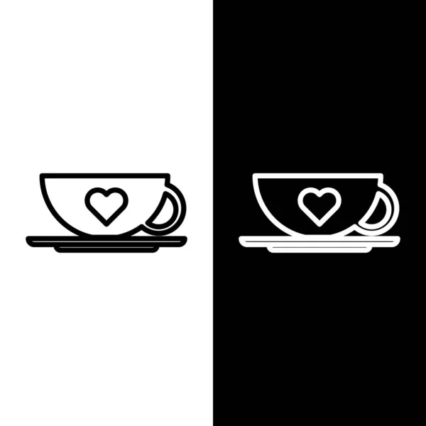 Définir la ligne Tasse à café et icône de coeur isolé sur fond noir et blanc. Couple café pour les amoureux le jour de la Saint-Valentin. Illustration vectorielle — Image vectorielle
