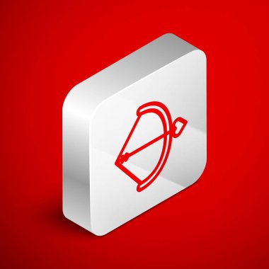 Kırmızı arkaplanda yay ve ok simgesi izole edildi. Aşk tanrısı sembolü. Aşk işareti. Sevgililer Günü konsepti. Gümüş kare düğme. Vektör İllüstrasyonu