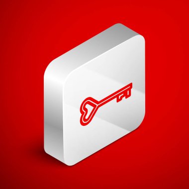 Kırmızı arkaplanda izole edilmiş kalp şeklindeki anahtar. Sevgililer Günü sembolü. Gümüş kare düğme. Vektör İllüstrasyonu