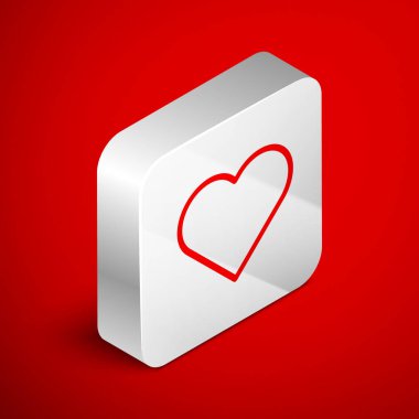 Isometric line Heart simgesi kırmızı arkaplanda izole edildi. Romantik sembol, bağlanma, tutku ve düğün. Sevgililer Günü sembolü. Gümüş kare düğme. Vektör İllüstrasyonu