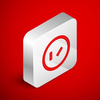 Isometric çizgi yuvarlak ahşap kalkan simgesi kırmızı arka planda izole. Güvenlik, güvenlik, koruma, mahremiyet, koruma kavramı. Gümüş kare düğme. Vektör İllüstrasyonu