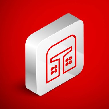 Ortaçağ demir miğferi, kırmızı arka planda izole edilmiş kafa koruma ikonu için. Gümüş kare düğme. Vektör İllüstrasyonu