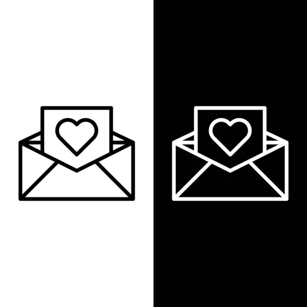 Set line Envelope with Valentine heart icon isolated on black and white background. Message love. Letter love and romance. Vector Illustration — 스톡 벡터