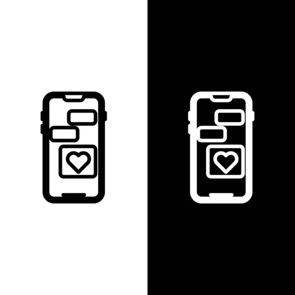 Definir linha Telefone móvel com ícone de coração isolado no fundo preto e branco. Dia dos Namorados. Ilustração vetorial —  Vetores de Stock