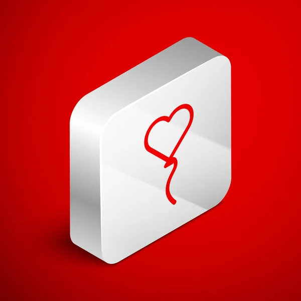 Linea isometrica Palloncini a forma di cuore con icona a nastro isolata su sfondo rosso. Simbolo di San Valentino. Pulsante quadrato argento. Illustrazione vettoriale — Vettoriale Stock